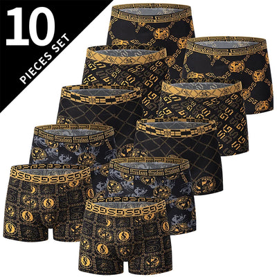 5/10er Pack Herren Boxer-Unterhosen, Schwarz Gold Bedruckt, Bequem und Vielseitig, Übergröße, Sexy, für junge Männer, Freizeit, Sport, Strandsh