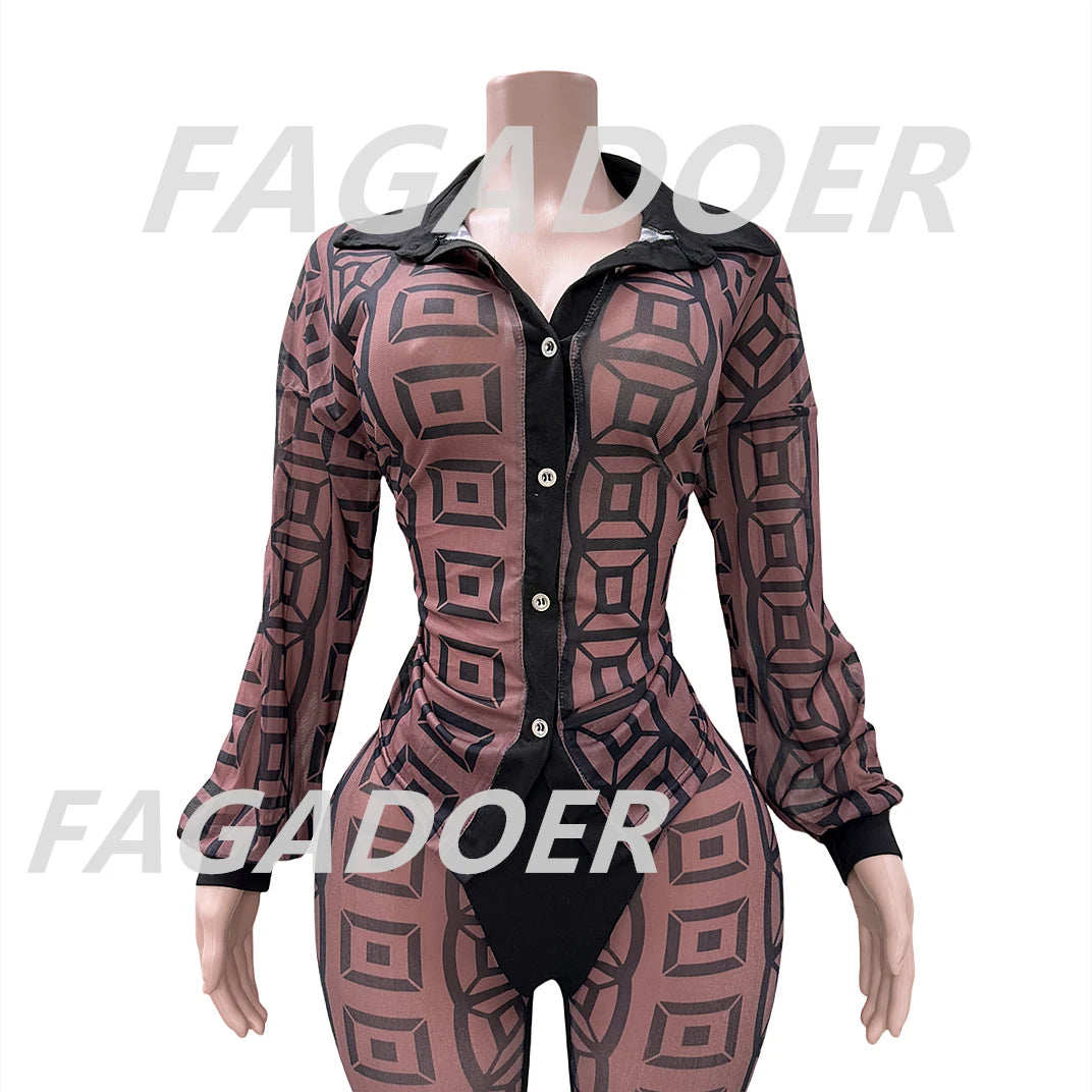 FAGADOER Sexy Mesh Damen 2-teiliges Set Outfit Durchsichtiges Langarm Crop Top + Skinny Hose Anzüge Weibliche Streetwear Kleidung Neu