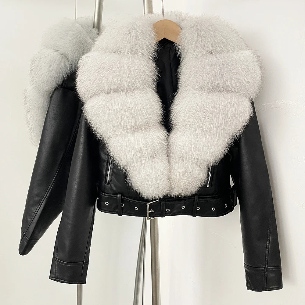 OFTBUY Natural Fox Fur Faux Leather Jacket Female New Autumn Short Top Clothing Women Long Sleeve Fake Leather Real Fur Coat