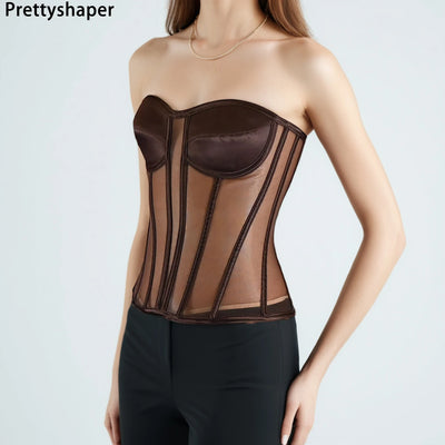 Women Mesh Corset Bustier With Cups Overbust Tight Shaping Tops Strapless Transparent Bodice Slimm Waist Wedding Lace Up Boned