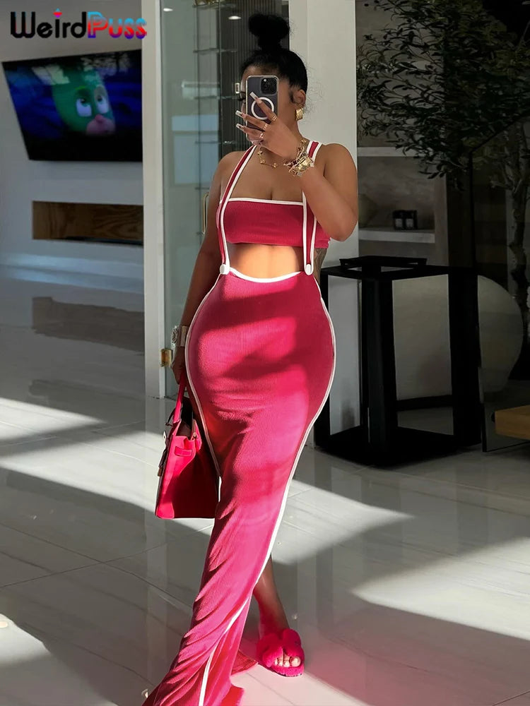 Weird Puss Summer Trend 2-teiliges Set Damen Weißer Saum Trägerloses Oberteil + Trägerkleid Elastische Streetwear-Outfits