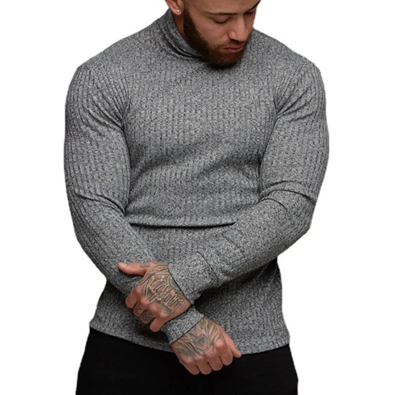 Spring Autumn Classic Black Ribbed Knit Roll Neck Jumper Mens New Fashion Slim Fit Thin Turtleneck Pullover Knitwear Sweaters