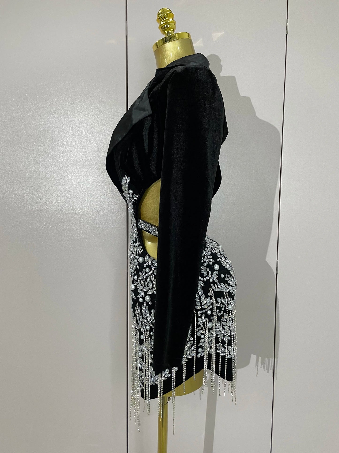 Stock Luxury Diamonds Tassel Sexy Hollow Out Black Mini Dress Woman Evening Celebrate Birthday Party Stage PhotoShoot Costume