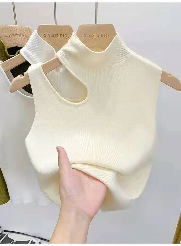 Women Knitted Tank Top Summer Fall Slim Sweater Short Sleeveless Solid Summer Sweaters Hollow Out Pullovers 2026