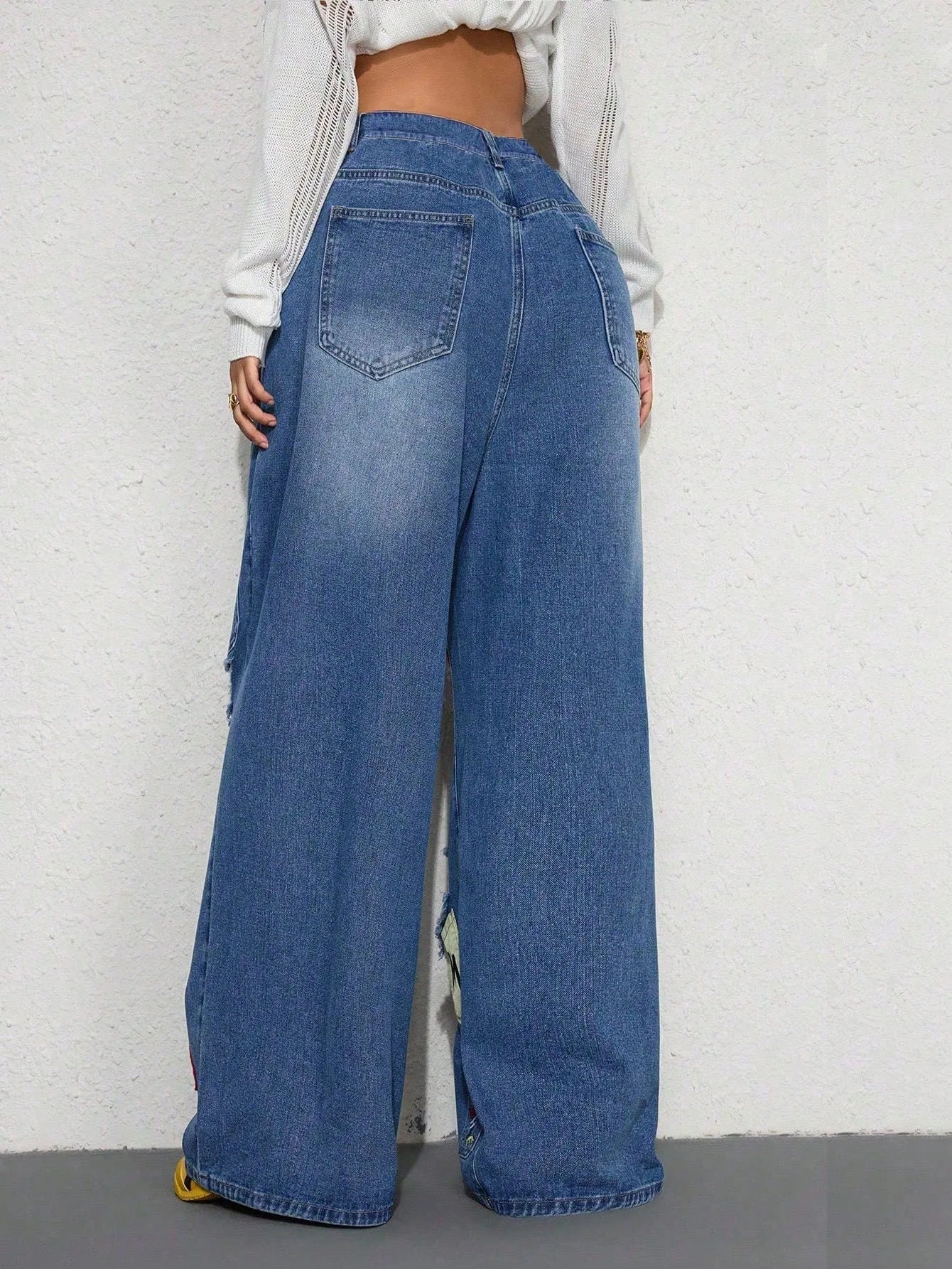 European and American High Street Ripped Jeans Women Double Waist Letter Patch Wide Leg Pants Floor Mopping Pants Loose Straight