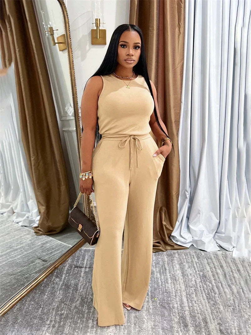 Solid Casual Jumpsuit for Women Sleeveless Drawstring High Waist One Pieces Rompers and Jumpsuits Summer Outfits Combinaison
