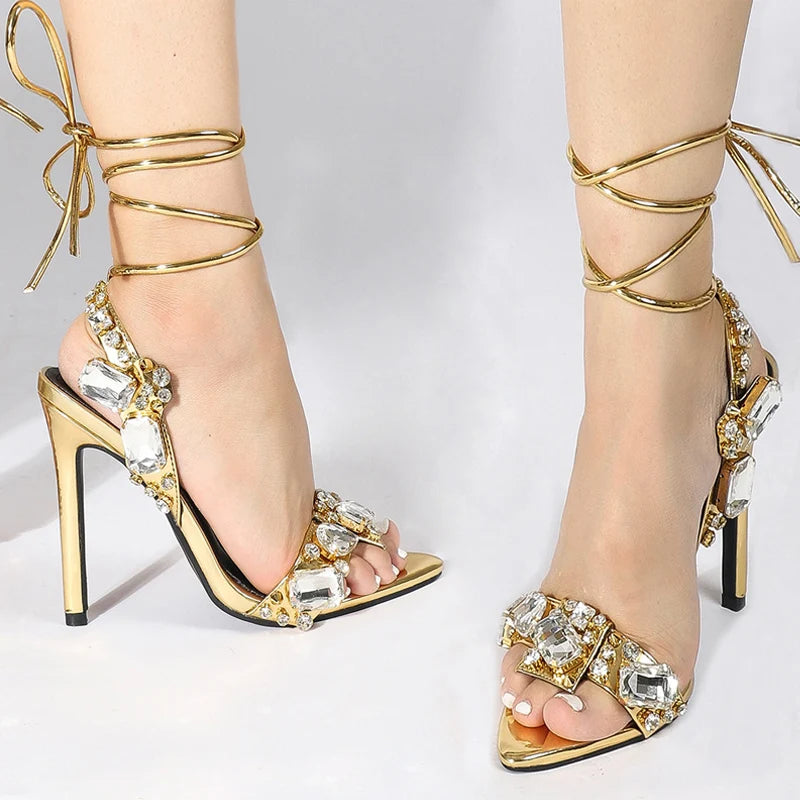 Liyke Sexy Knöchelriemen Vergoldete Sandalen Damen Party Nachtclub Stripper Heels Hohe Qualität Kristall Diamant Spitz Zehe Hochzeitsschuh