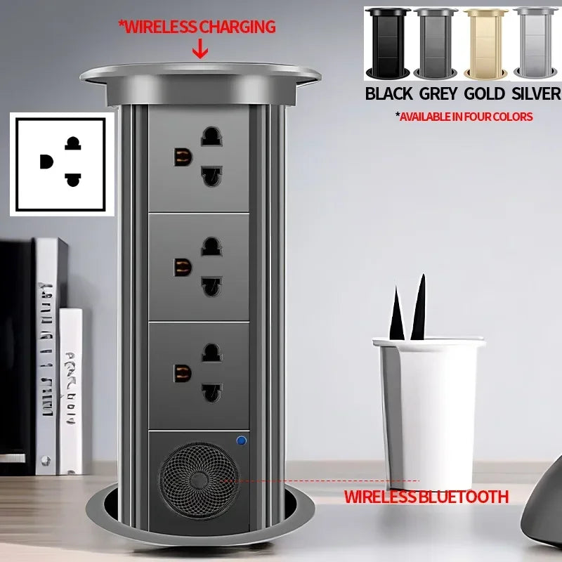 Motorized Lifting Pop Up Tower Power Outlet Hidden Mounted Kitchen Worktop USB Type C Socket with Speaker Wireless Charging