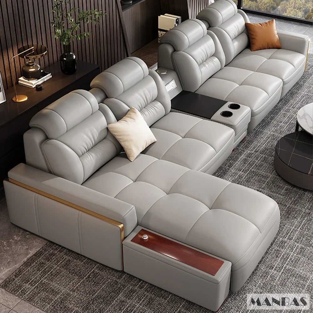 Premium italienische Echtleder-Ecksofas Sofagarnituren mit USB und Bluetooth Lautsprecher – MANBAS Wohnzimmermöbel