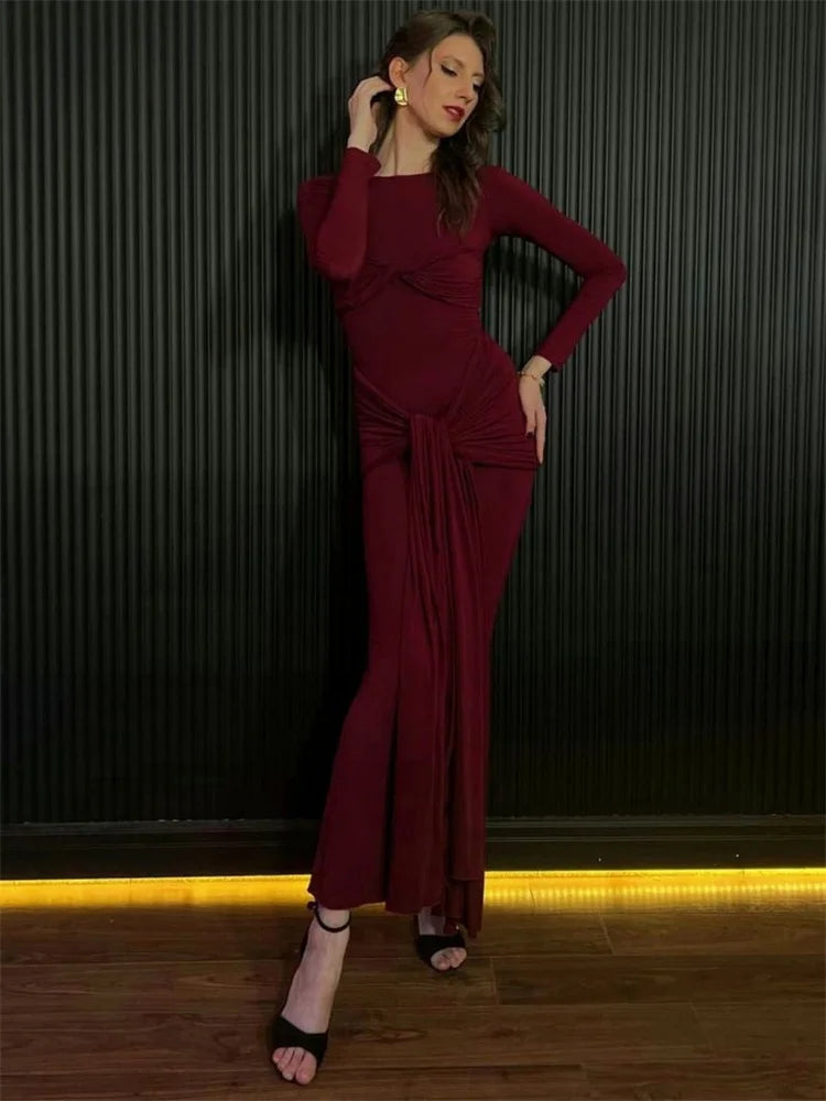 Tossy Damen Plissee Sexy Maxikleid Patchwork Twist Slim Langarm Einfarbig Y2k Herbst Streetwear Kleid Damen Bodycon Kleid