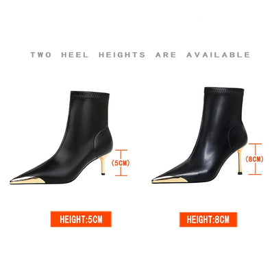 BIGTREE Schuhe Herbst Winter Stiefel Metall Spitz zulaufend Damen Stiefel Mode Lederstiefel High Heels Stilettos Neue Damen Stiefeletten