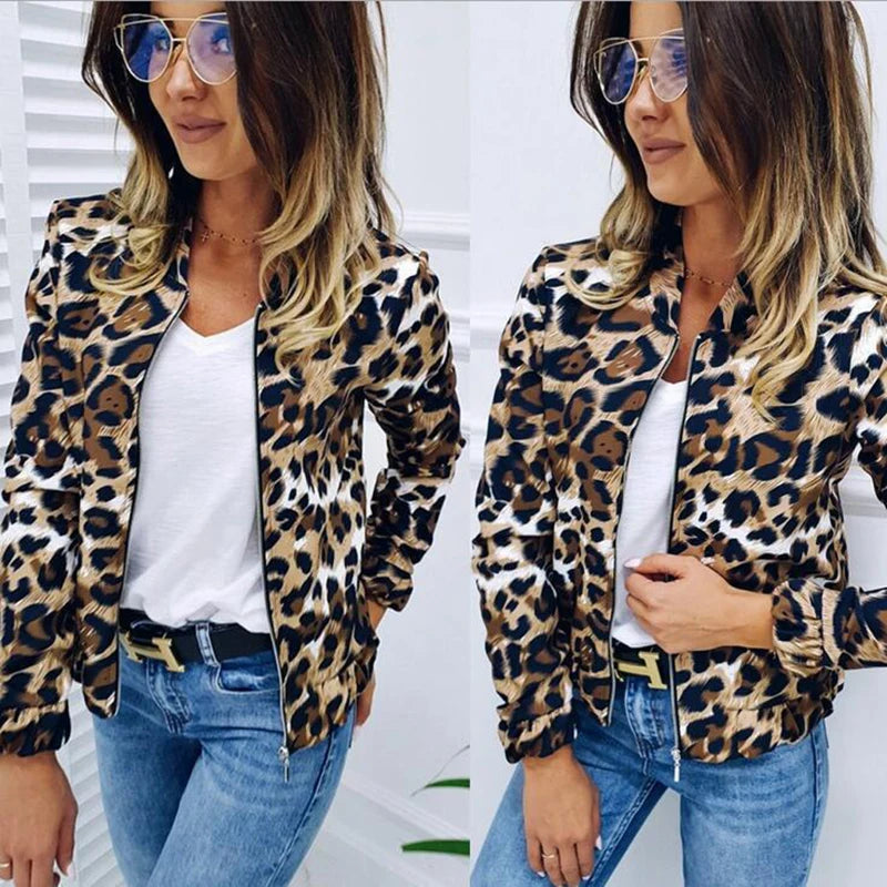 Women's Hot Style Baseball Uniform Fashion Leopard Print Loose Collar Zipper Cardigan Jacket Ladies Sport Jacket Tops Clothes