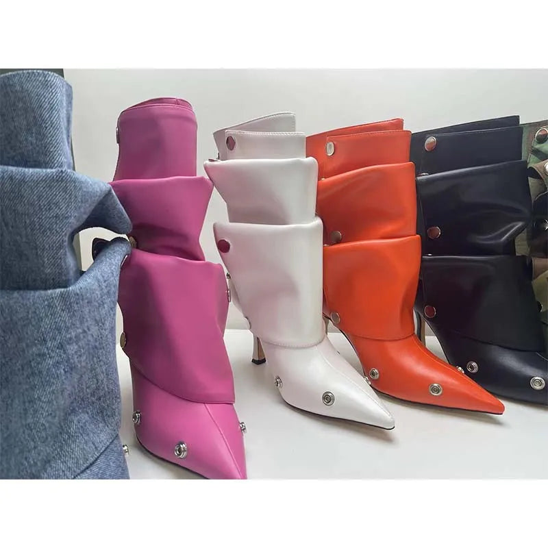 2025 Klassische Damenstiefel mit spitzer Zehe, ausgefallenen Absätzen, Nietenknopf und seitlichem Reißverschluss, einfarbig, hochhackige Schuhe, Botas Altas