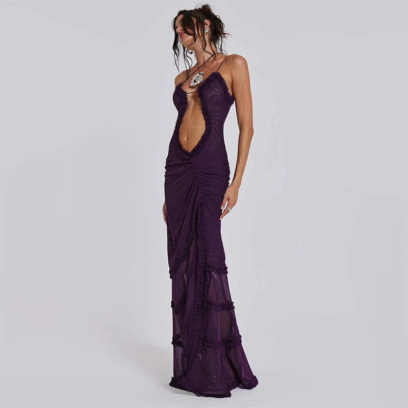 CUTENOVA Women Noble Furry Halter Sleeveless Hollow Dress Camisole Shrunk Split Wave Cut Dress Luxury Prom Occasion Evening Gown