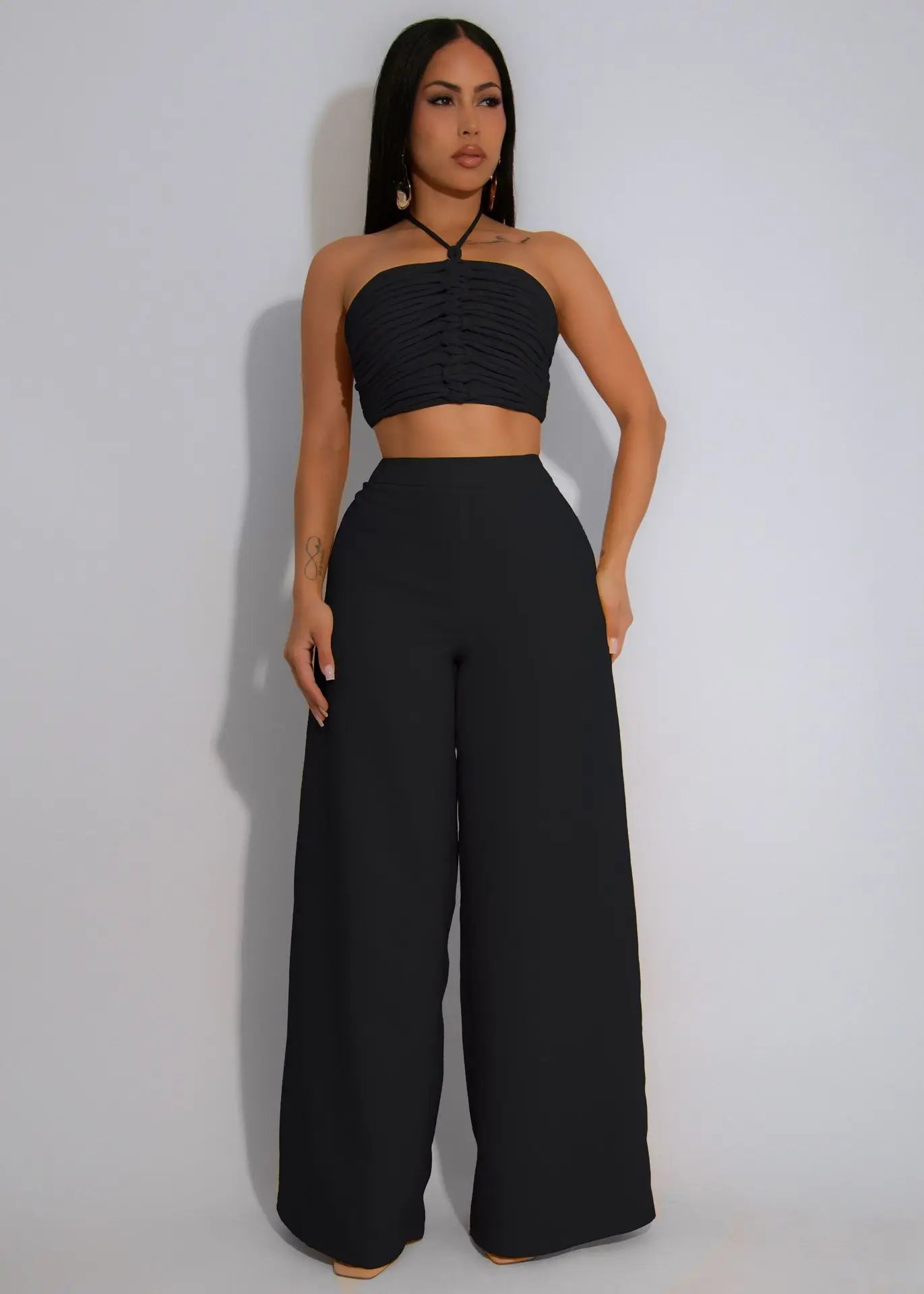 Pant Set Women Two Piece Sets Sexy Sleeveless Tops Drawstring Wide Leg Long Pants High Waist Y2k Streetwear Elegant Splice