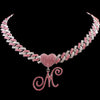 Hip Hop Bling Pink Crystal Cursive Initial Letter Cuban Necklace for Women Iced Out Paved Cuban Chain Necklace Choker Jewelry