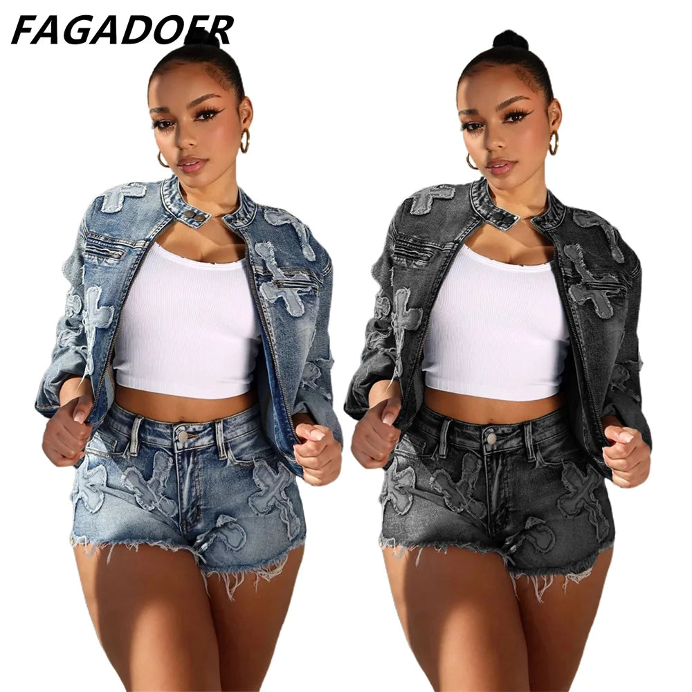 FAGADOER Fashion Denim Embroidery Shorts Two Piece Sets Women Zipper Long Sleeve Coat And Shorts Outfits Female Cowboy 2pcs Suit