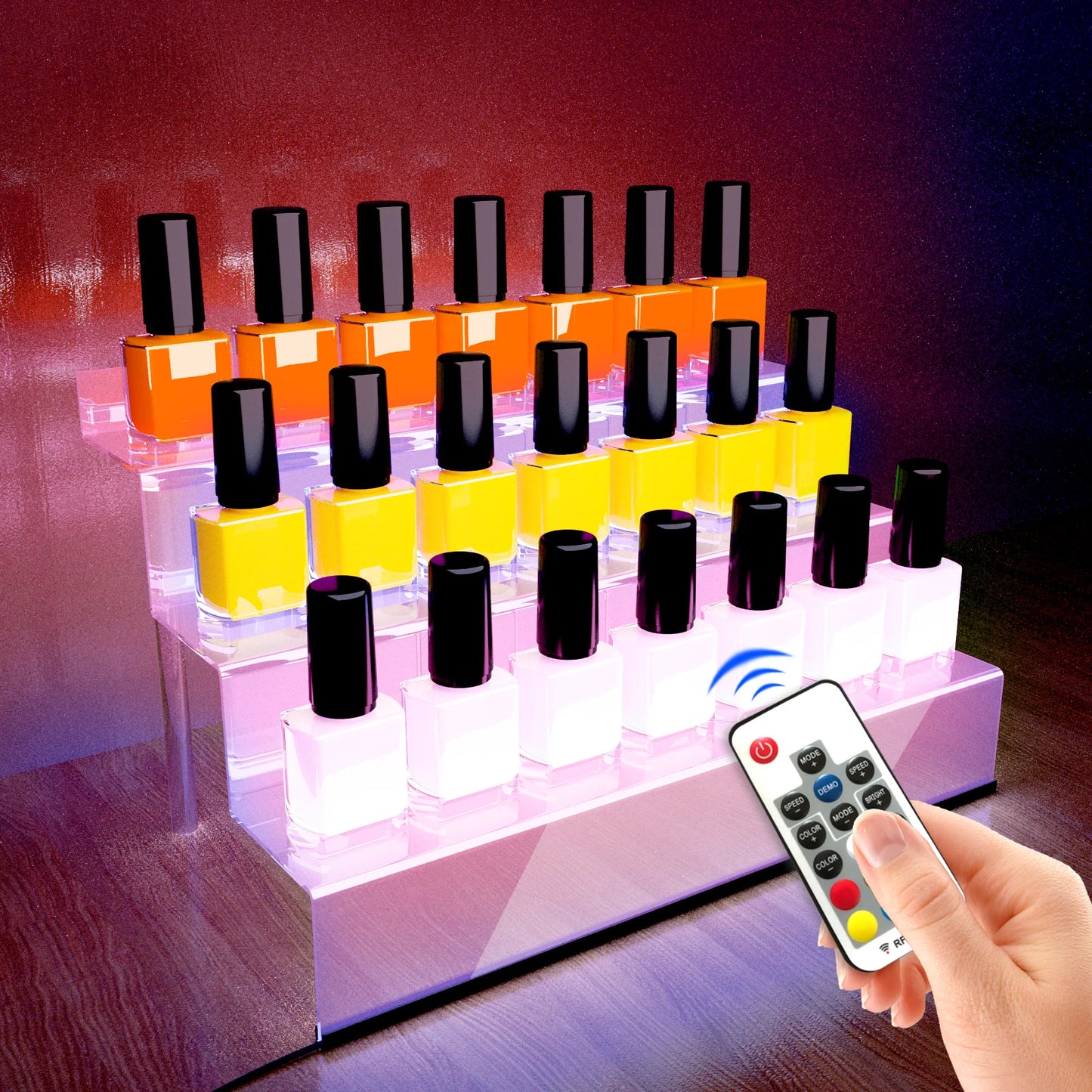 Acrylic Display Rack with LED Lights - 3 Tier Nail Polish Perfume Rack and Display Ladder Rack,,Figures Stand,Clear Cupcake Rise