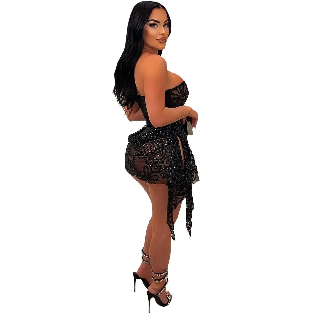 CM.YAYA Women Strapless V-neck Fashion Sequined Sexy Dress Mesh See Through 2024 Summer Night Club Evening Party Mini Dresses