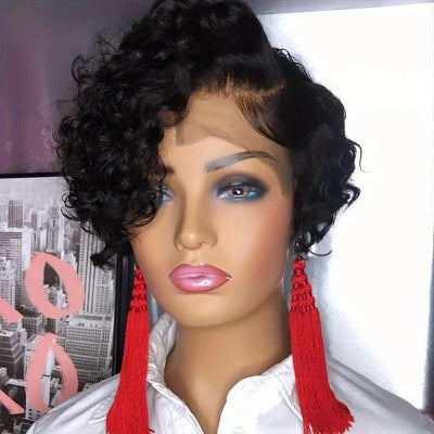kurze lockige 13×1 T-Part transparente Spitze 6 Zoll Naturhaar Echthaar-Perücken für Frauen 150% Dichte Pixie Cut Perücke