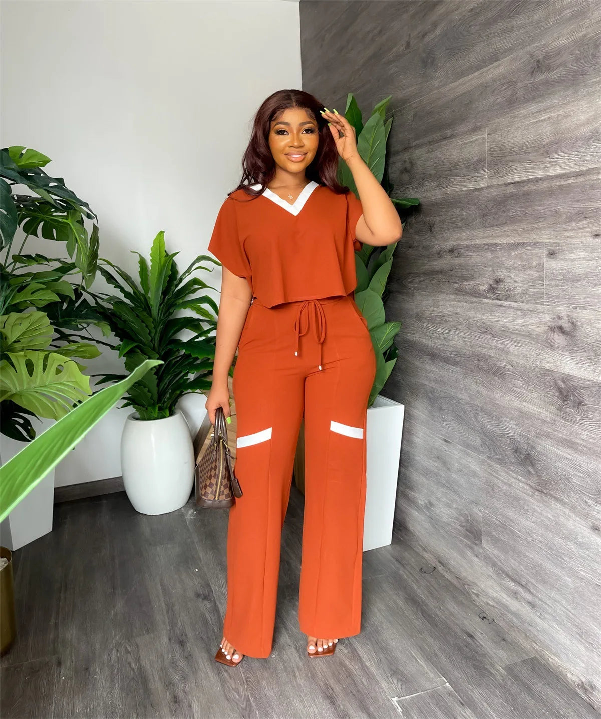 Elegant Women's Casual Short Sleeve T-shirt Sports Suit Summer Fashion Solid V Neck Short Top & Straight Pants Two Piece Sets