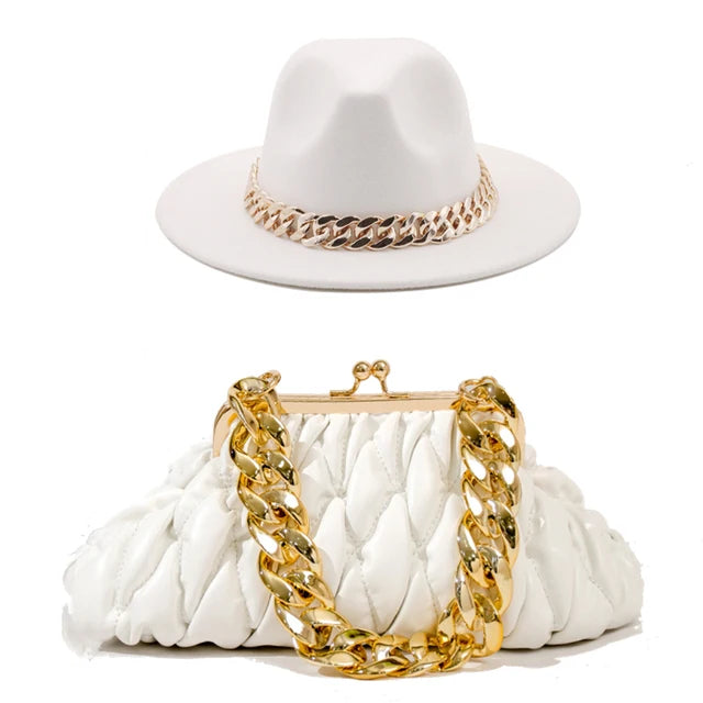 Set Straw Hat and Bag Set Gold Chain Bag Hat Set Ladies Leather Bag Tote Church Fedora Party Jazz Straw Hat