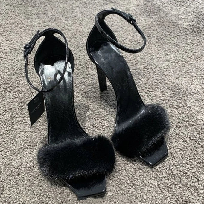 2025 Frühling Neu Nerzhaar High Heels Ein-Wort-Sandalen Eckige Zehen Stiletto Damenschuhe