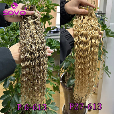 SOVO Honey Blonde Water Wave Human Hair Extensions 100 G Highlight P6/613 Natural Wet and Wavy Peruvian Curly Hair Weave Bundles