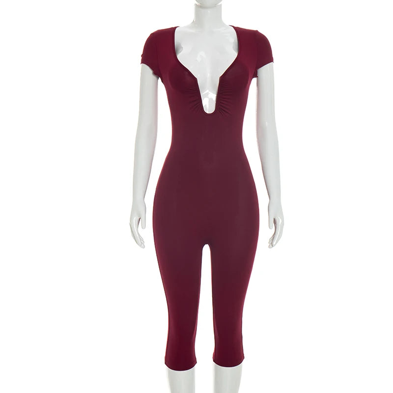 Solid Color Sexy Slim Fit and Slimming Chest U-Neck Jumpsuit, Versatile and Fashionable Jumpsuit Cropped Pants