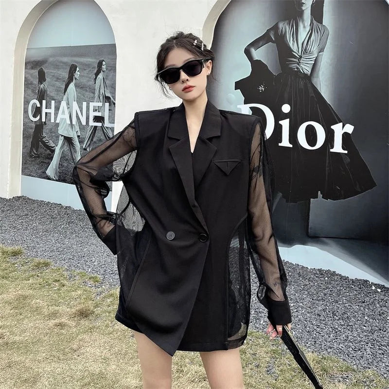 Fashion Hollow Out Mesh Patchwork Blazer for Women Y2K Korean Chic Net Long Sleeves Loose Black Coat Gothic Casual Suit Jacket