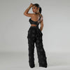 Women Two Piece Pant Sets Sexy Hollow Out Vest Sleeveless Tanks Tops Splice Long Pants Drawstring Streetwear Summer 2025