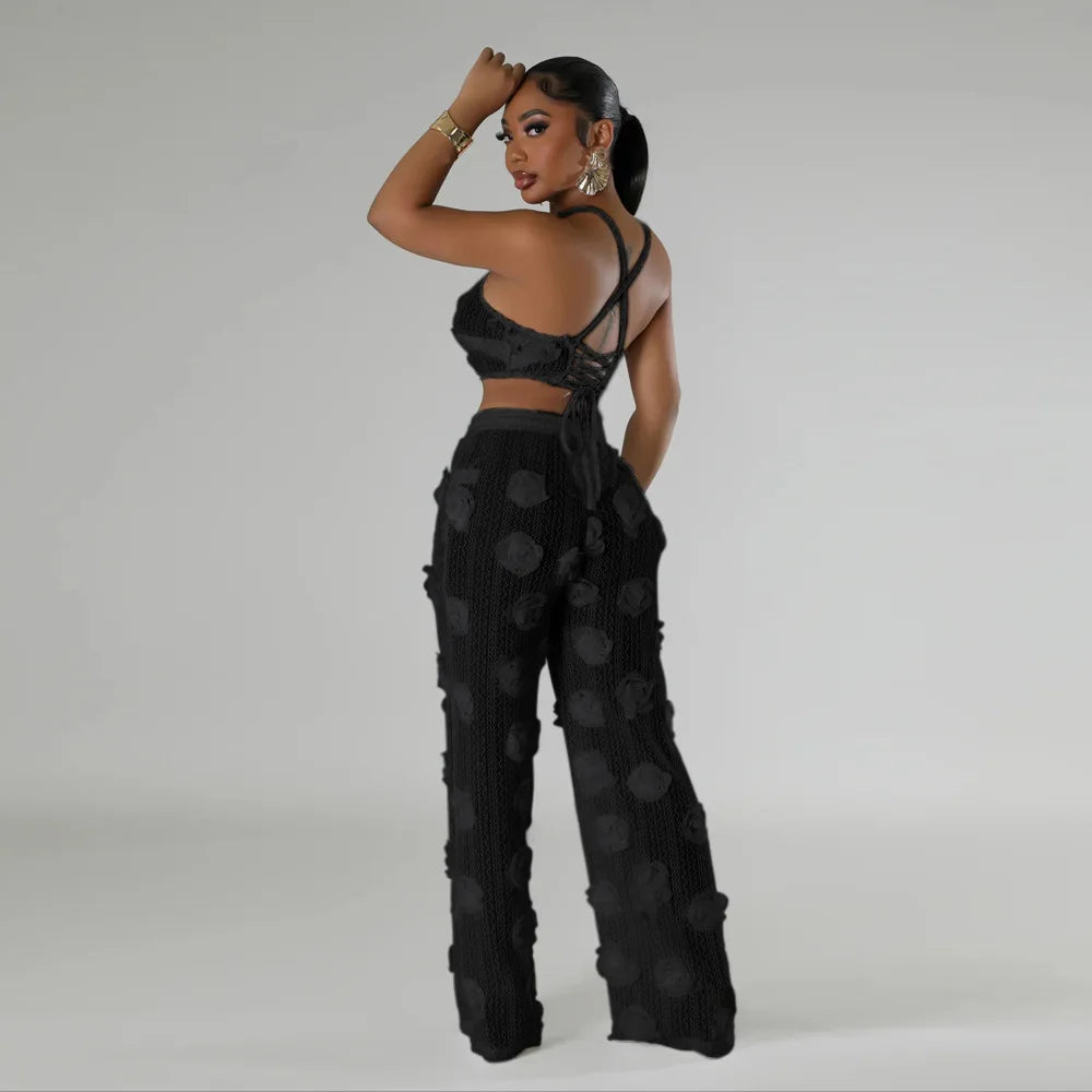Women Two Piece Pant Sets Sexy Hollow Out Vest Sleeveless Tanks Tops Splice Long Pants Drawstring Streetwear Summer 2025
