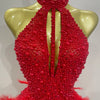 Women Luxury Rhinestones Pearls Feathers Halter Backless Short Dress Women Sexy Celebrate Birthday Dress Nightclub Stage Costume