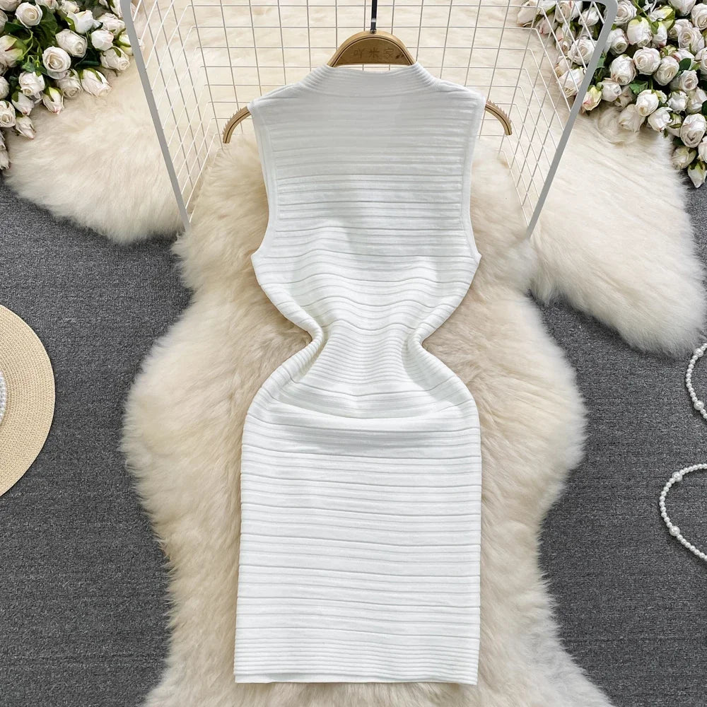 White/Black Sexy Summer Knit Strap Dress Women Tank V Neck Elatic Waist Bodycon Sundress Female Beach  Midi Dress
