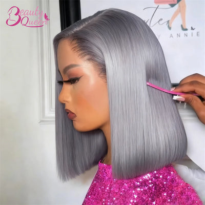 Straight Short Bob Gray 100% Human Hair Wig Lace Front Grey 13X4 Lace Frontal Bob Wig Colored Raw Human Hair Wigs 210 Density