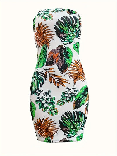 Plus Size Women's Tropical Plant Print Halter Bodycon Dress Elastic Stretch Sleeveless Beach Club Party Dress