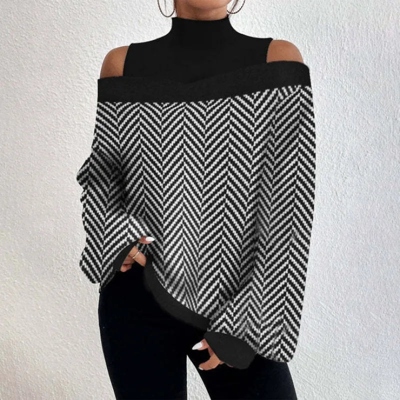 2024Damen Langarm Rollkragenpullover Damen Sexy schulterfrei ausgehöhlte lockere bedruckte T-Shirts 2024 Herbst Mode T-Shirt Top