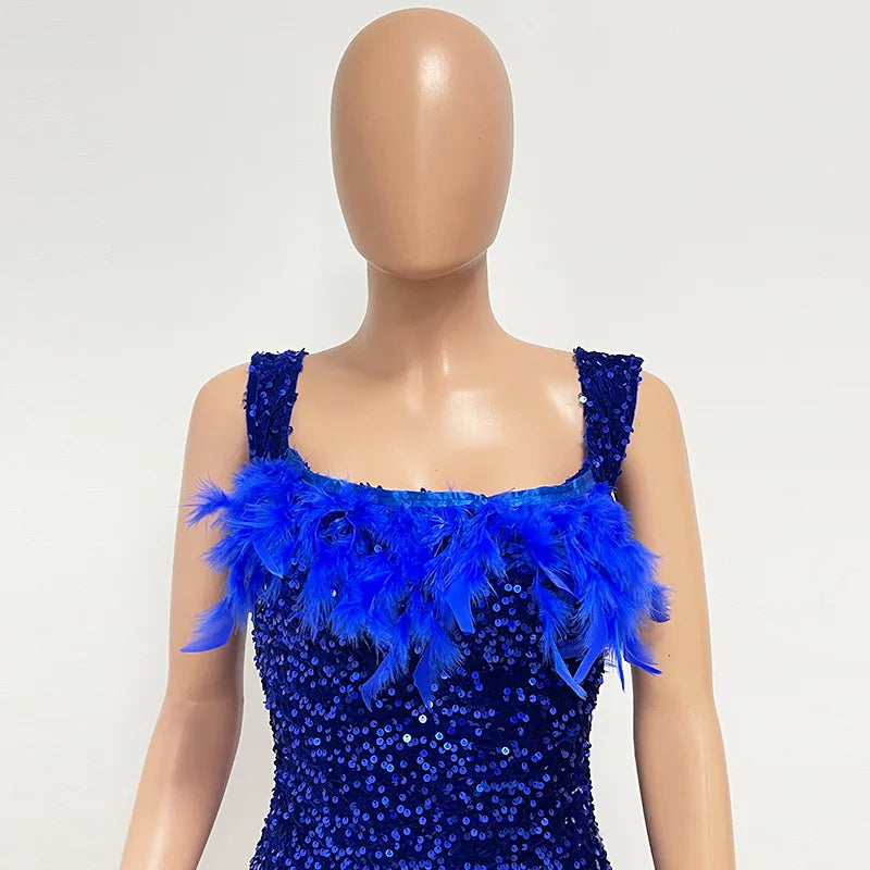 Damen Partykleid Ärmellos Glänzende Pailletten Feder Abendkleid Sexy schulterfrei rückenfrei Mini Formelle Ballkleider HXY8