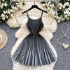 Joskaa 2026 Autumn Retro Striped Knit Dress Women Elegant Pleated Waist Slim Low Cut Sleeveless A-line Slip Dress Streetwear