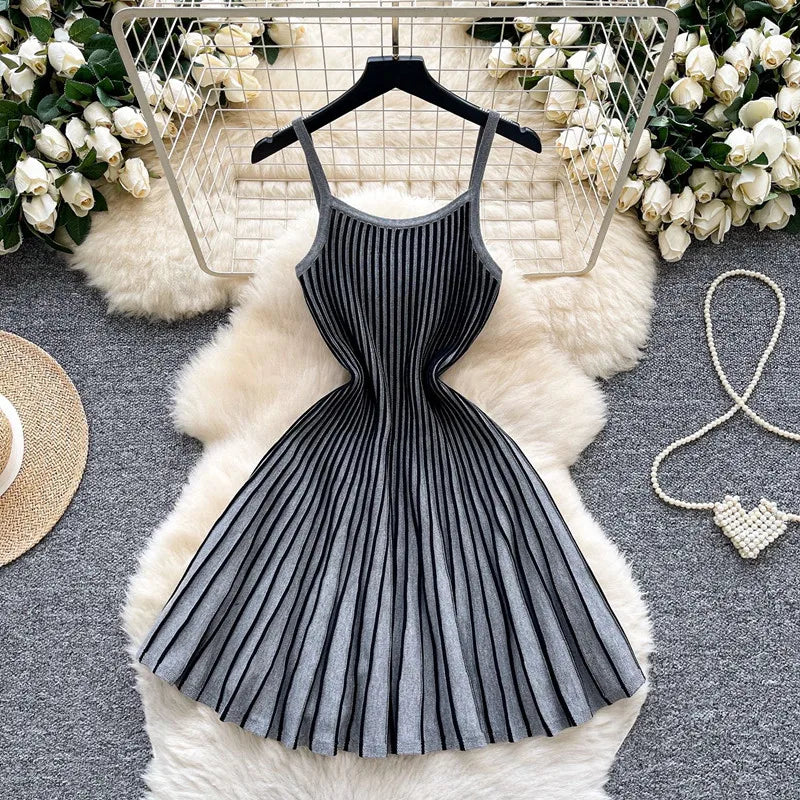 Joskaa 2026 Autumn Retro Striped Knit Dress Women Elegant Pleated Waist Slim Low Cut Sleeveless A-line Slip Dress Streetwear