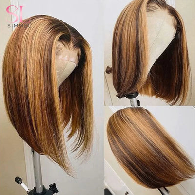 SIMMEL Ombre 4x4 Lace Closure Perücke Highlight Farbige Echthaarperücken Highlight Braune Bob Perücken Glattes Remy Haar 180 Dichte