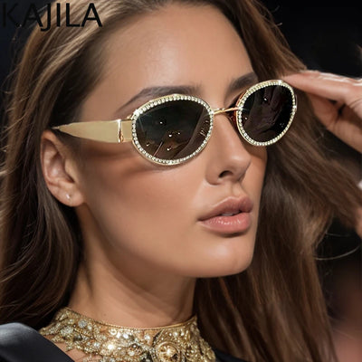 Kleine, ovale Strass-Sonnenbrille für Damen 2024, Luxus-Marken-Designer-Vintage-Metall-Sonnenbrille für Damen, Eyewear Shades