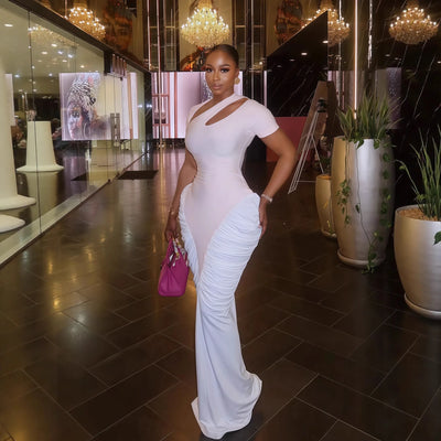 Women's Elegant Ruched Dress Asymmetric Cut Out Neckline Short Sleeve Long Dress Formal Wedding Guest & Evening Party Outfit