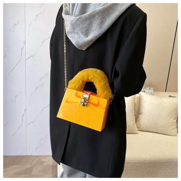 Faux Fur Top Handle Acrylic Party Box Clutch Fashion Purses and Handbags for Women Designer Evening Bag Chain Shoulder Bag