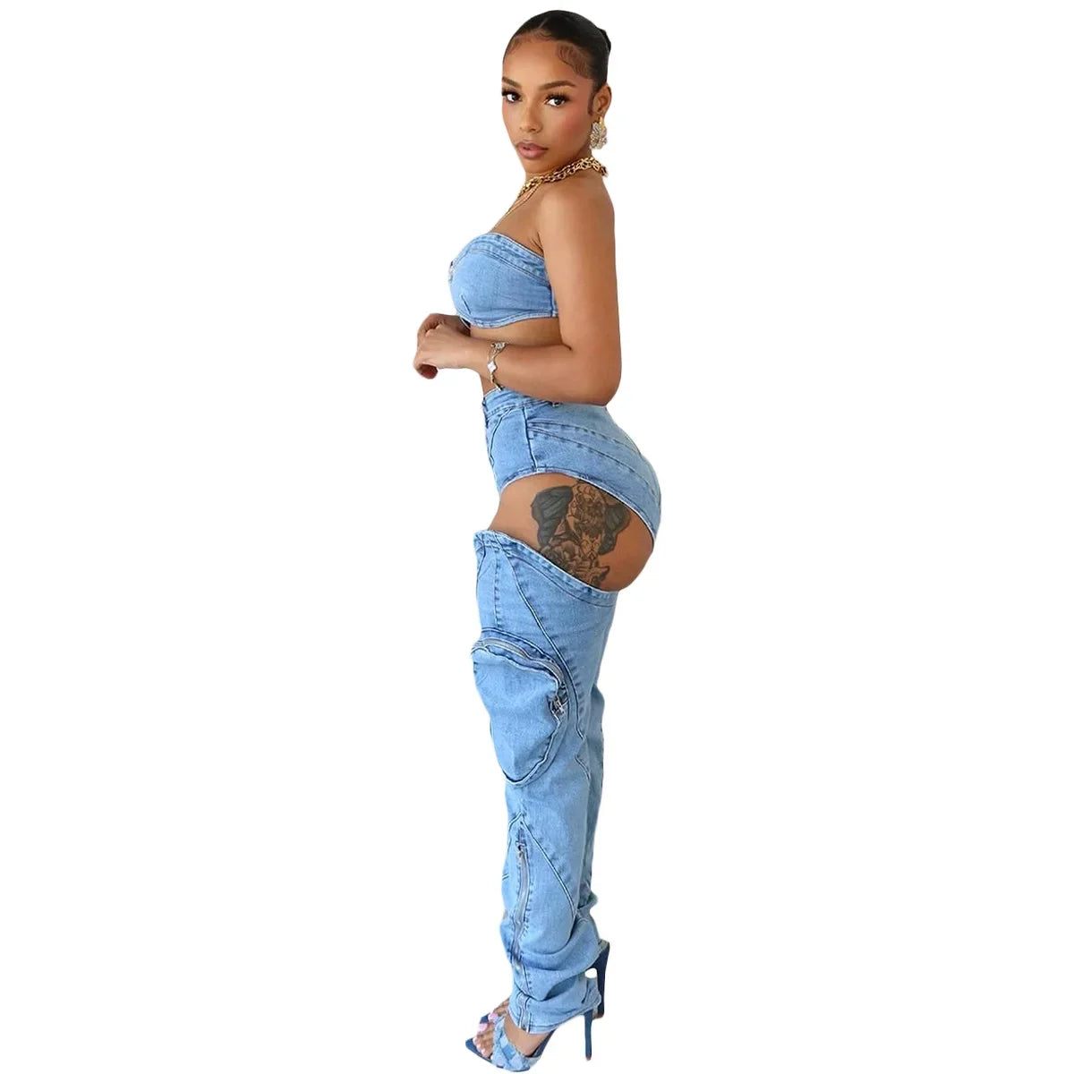 Jeans-Sets für Damen 2024 Sexy Streetwear Zweiteilige Outfits Brustwickel Ärmelloses, rückenfreies Top Ausgeschnittene Jeans