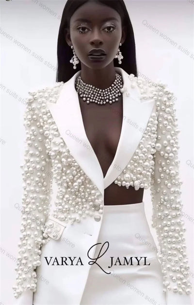 White Pearls Women Suit Set 2 Piece Sexy Blazer+Short Prom Dress Business Formal Office Lady Jacket Wedding Coat Customized