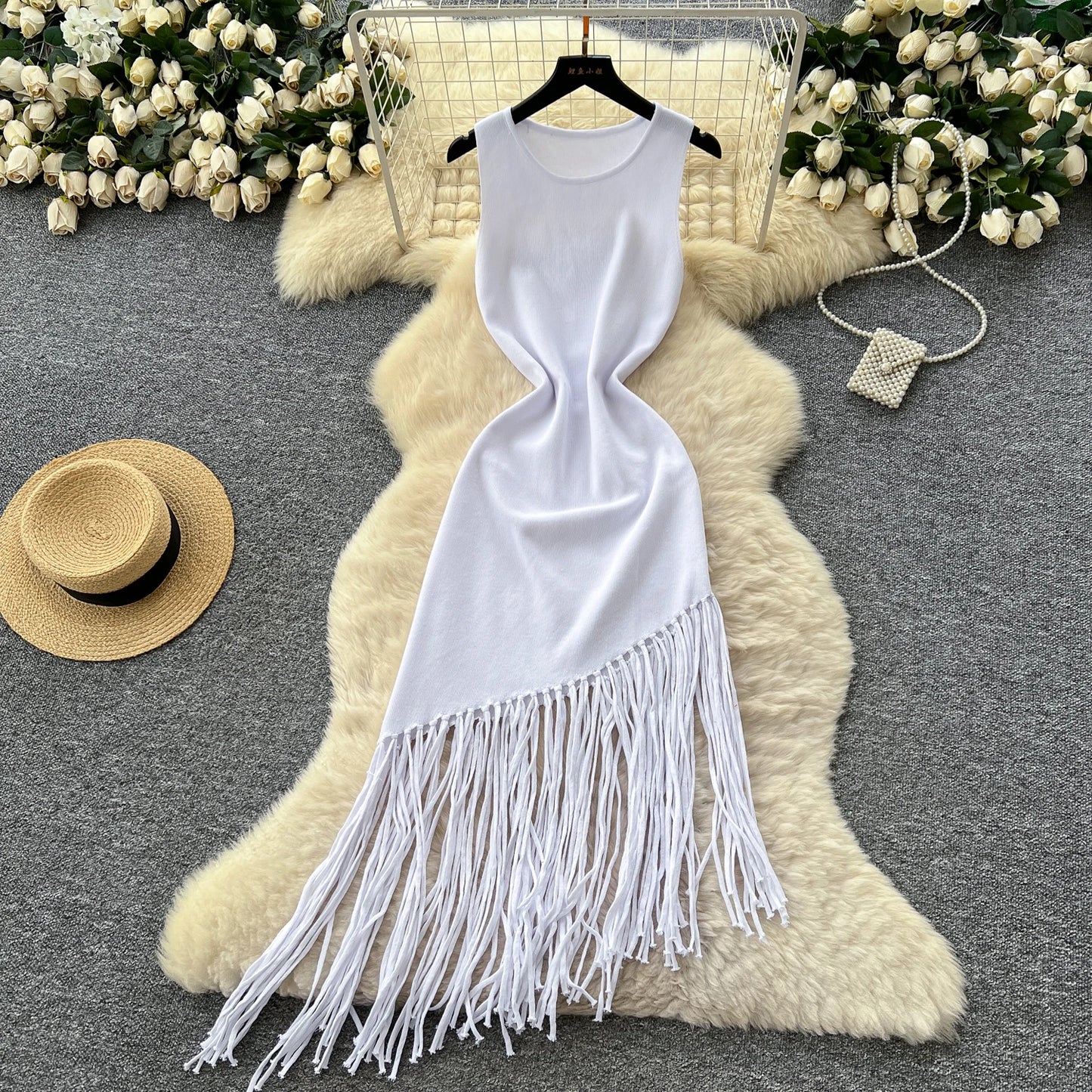 Sexy Backless Knit tassel High Waist Pleated Dress Casual A-line Dress Beach Vestidos Women Evening Party