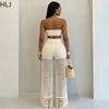 HLJ Casual Crochet Knit Women 2 Piece Outfits Strapless Bandeau Crop Top + Tassel Mesh Wide Leg Pants Matching Streetwear Summer