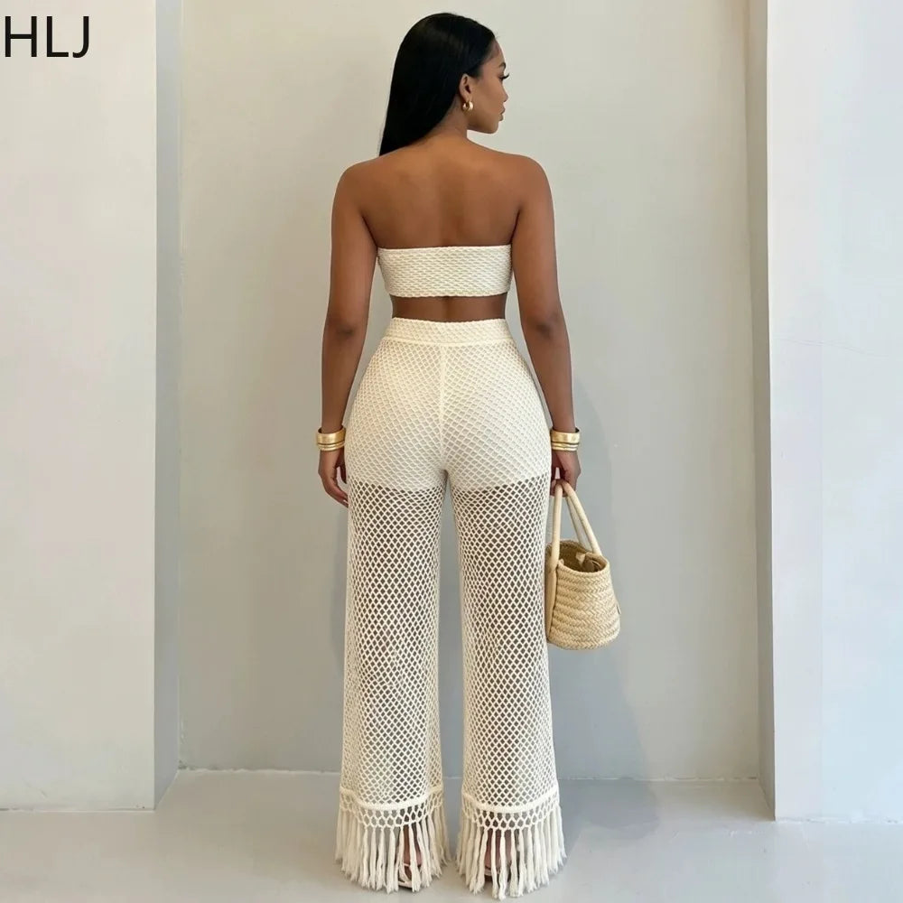 HLJ Casual Crochet Knit Women 2 Piece Outfits Strapless Bandeau Crop Top + Tassel Mesh Wide Leg Pants Matching Streetwear Summer