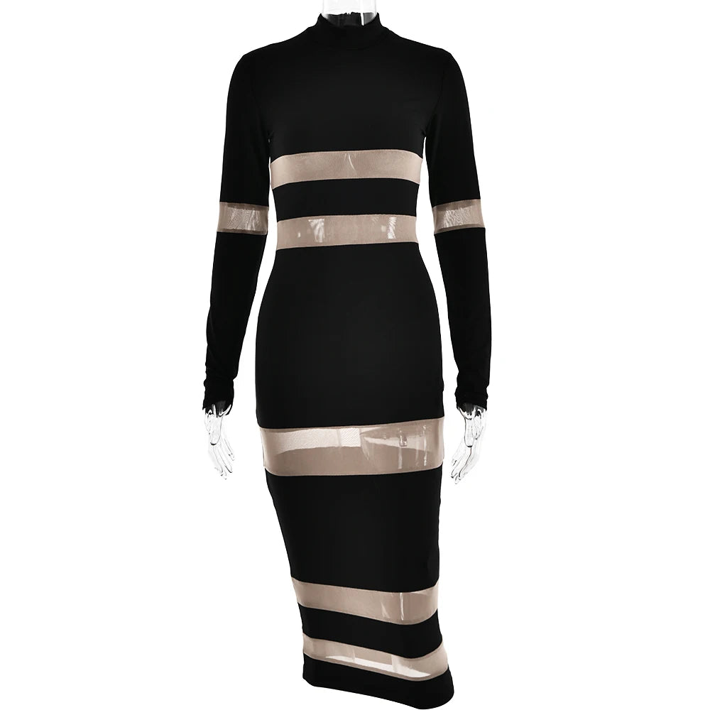 Articat Mesh Patchwork Perspective Long Sleeve Dress For Women's Tight Fit Midi Female Dress Fashion Street Party Club Vestidos